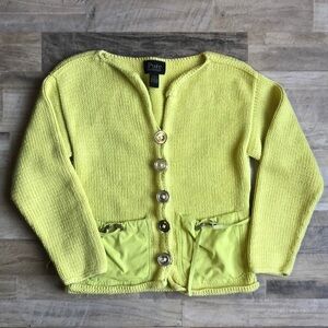 Pure HANDKNIT Womens Sweater XS/S Button Up Neon Green Handmade